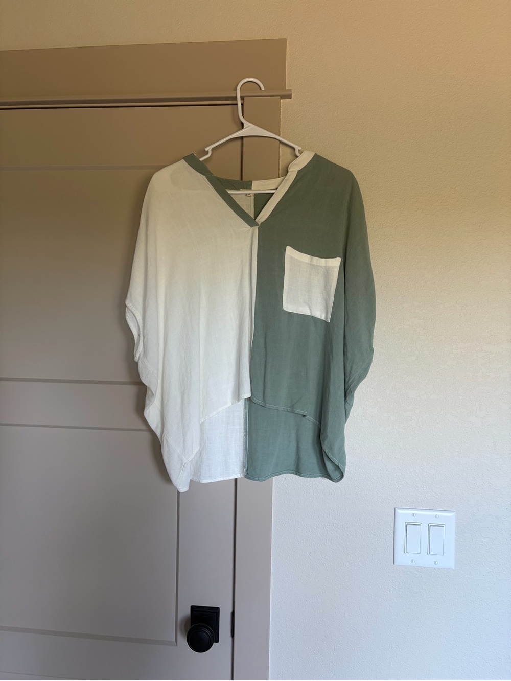 JODIFL Two-Tone Sage Green & White V-Neck Top